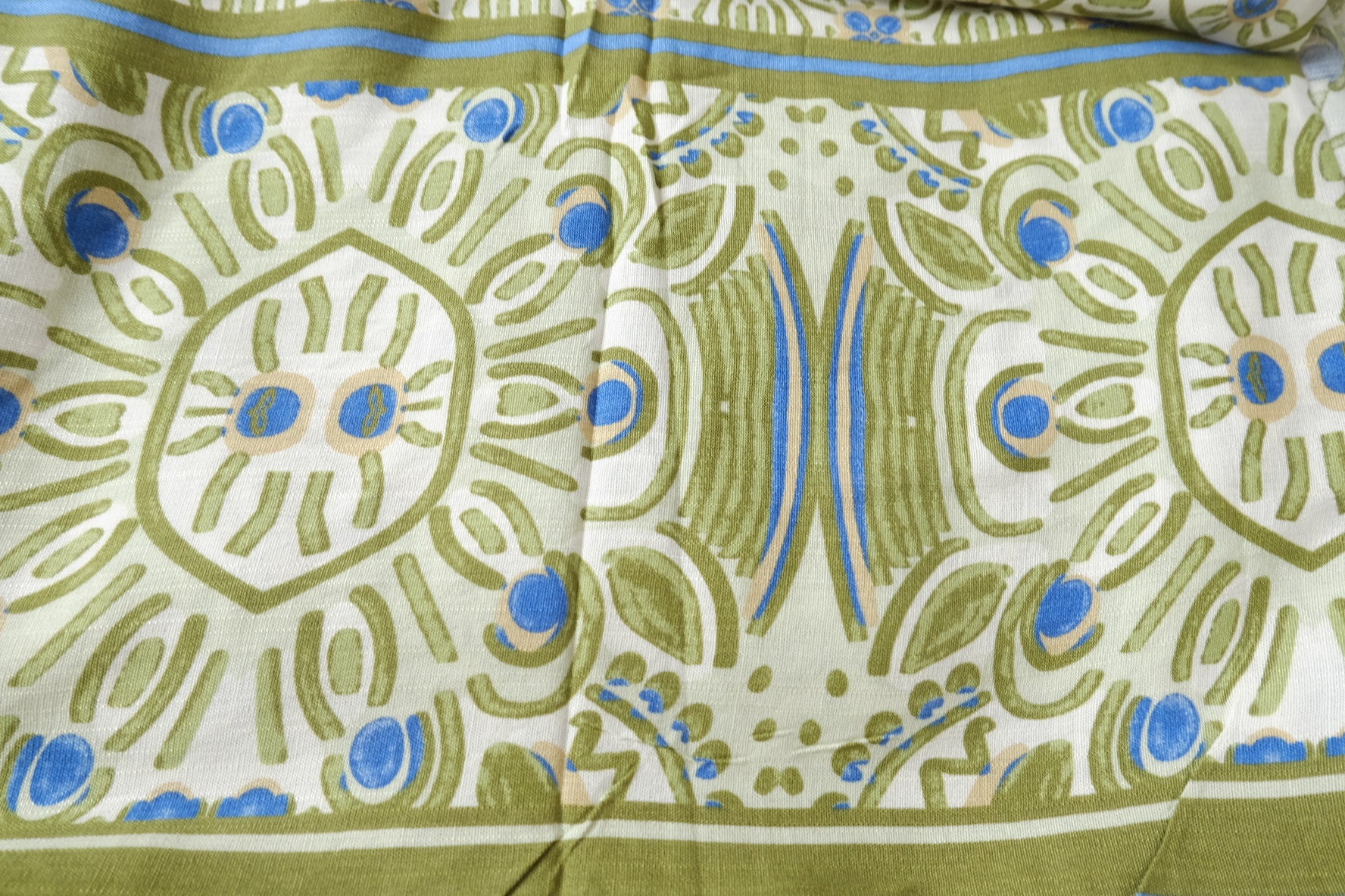 Border Print Rayon Fabric in Olive and Blue, Light & Drapey, 2.1 Yards