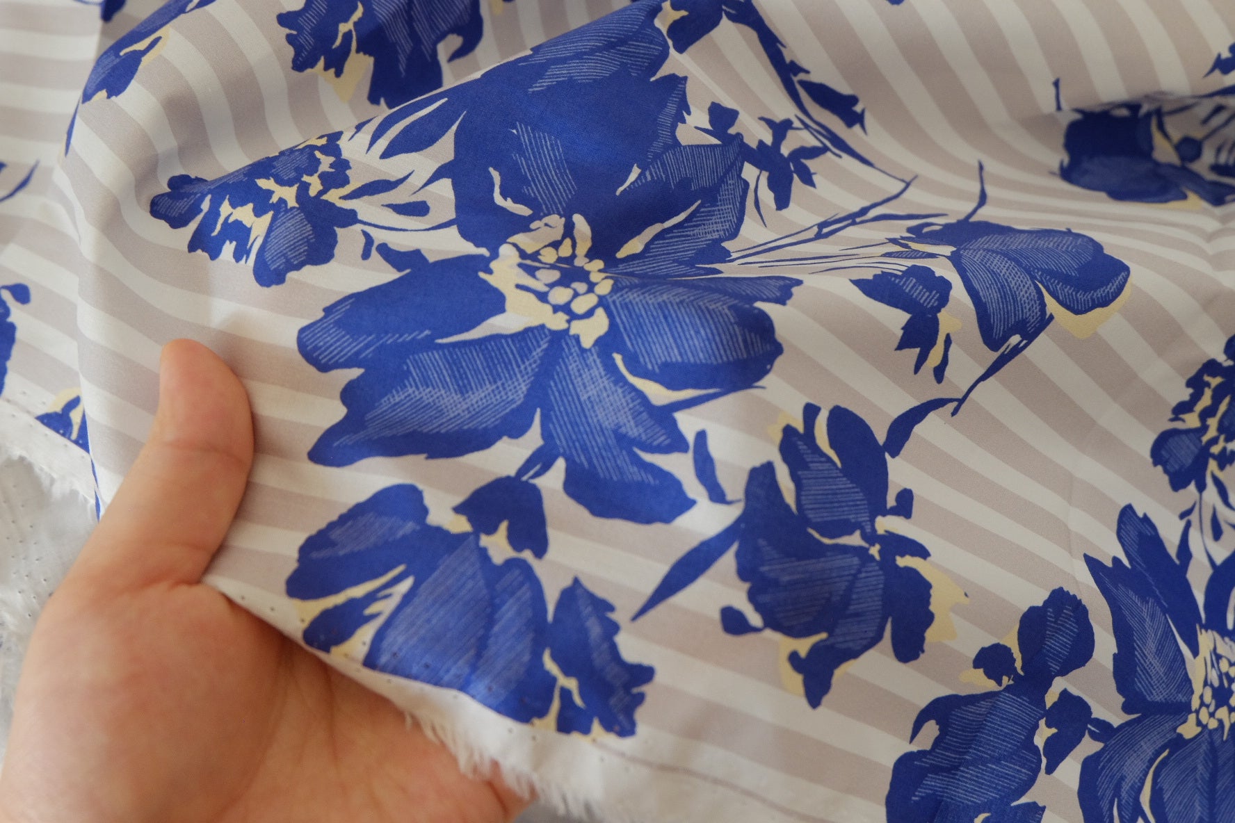 Blue Floral Stripe Cotton Lawn Fabric – Lightweight Summer Garden Print – 1.6 yd