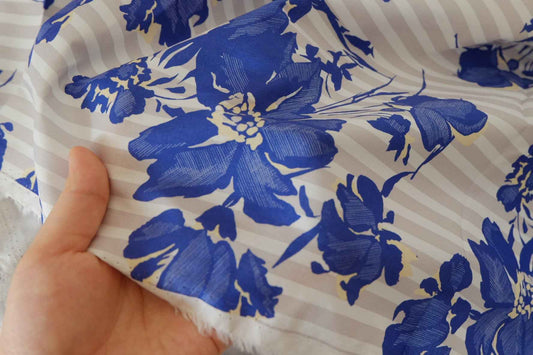 Blue Floral Stripe Cotton Lawn Fabric – Lightweight Summer Garden Print – 1.6 yd