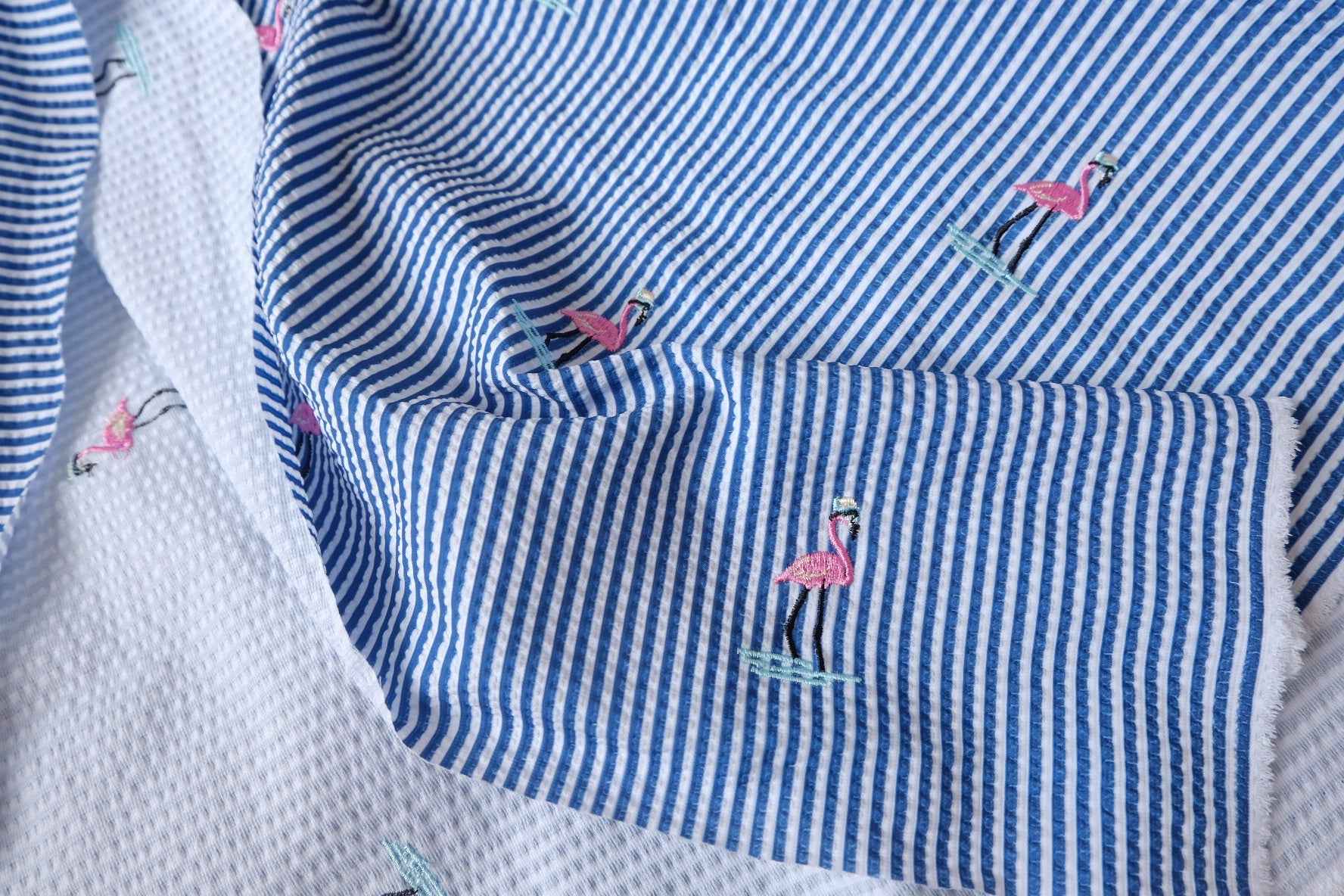 Flamingo Embroidered Seersucker-Texture Fabric - 1.09 yd