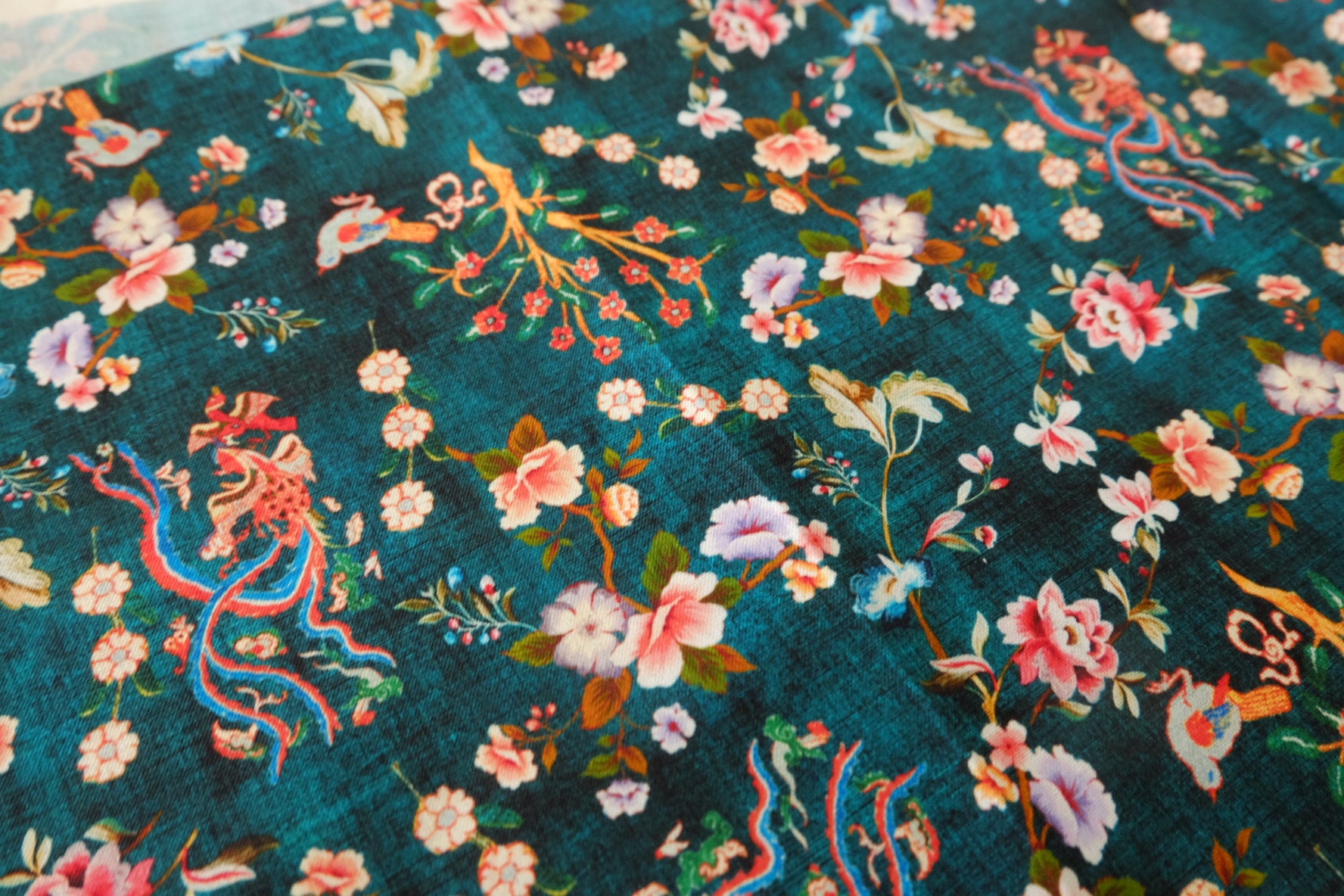 Teal Chinoiserie Floral Bird Cotton Fabric - 2.2 yd