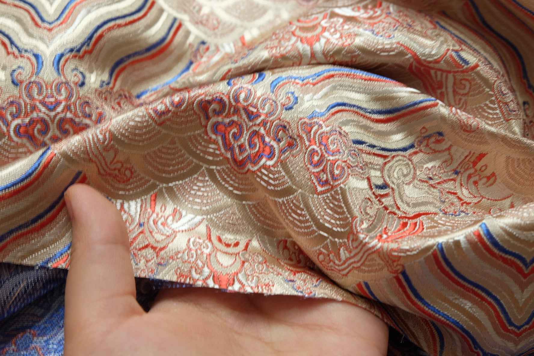 Oriental River Brocade Satin Fabric, Traditional Woven Motif, 2.19 Yards