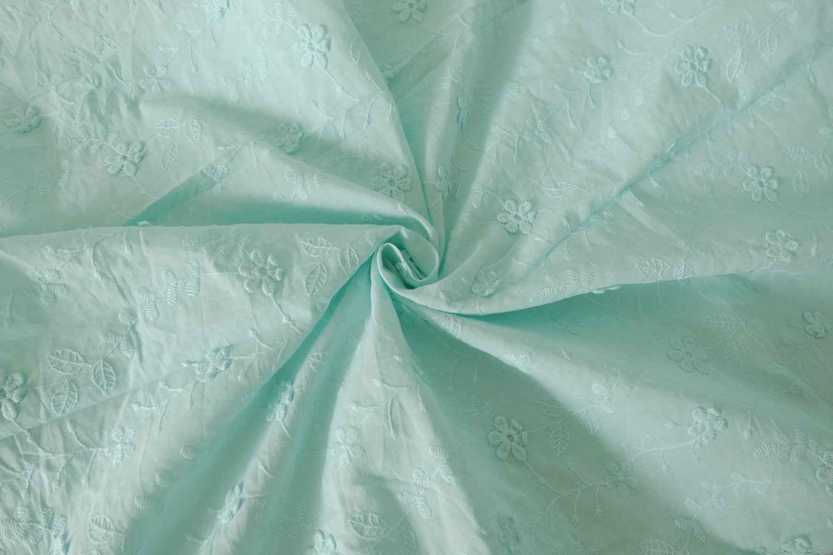 Mint Floral Border Embroidered Cotton — 2.19 yd