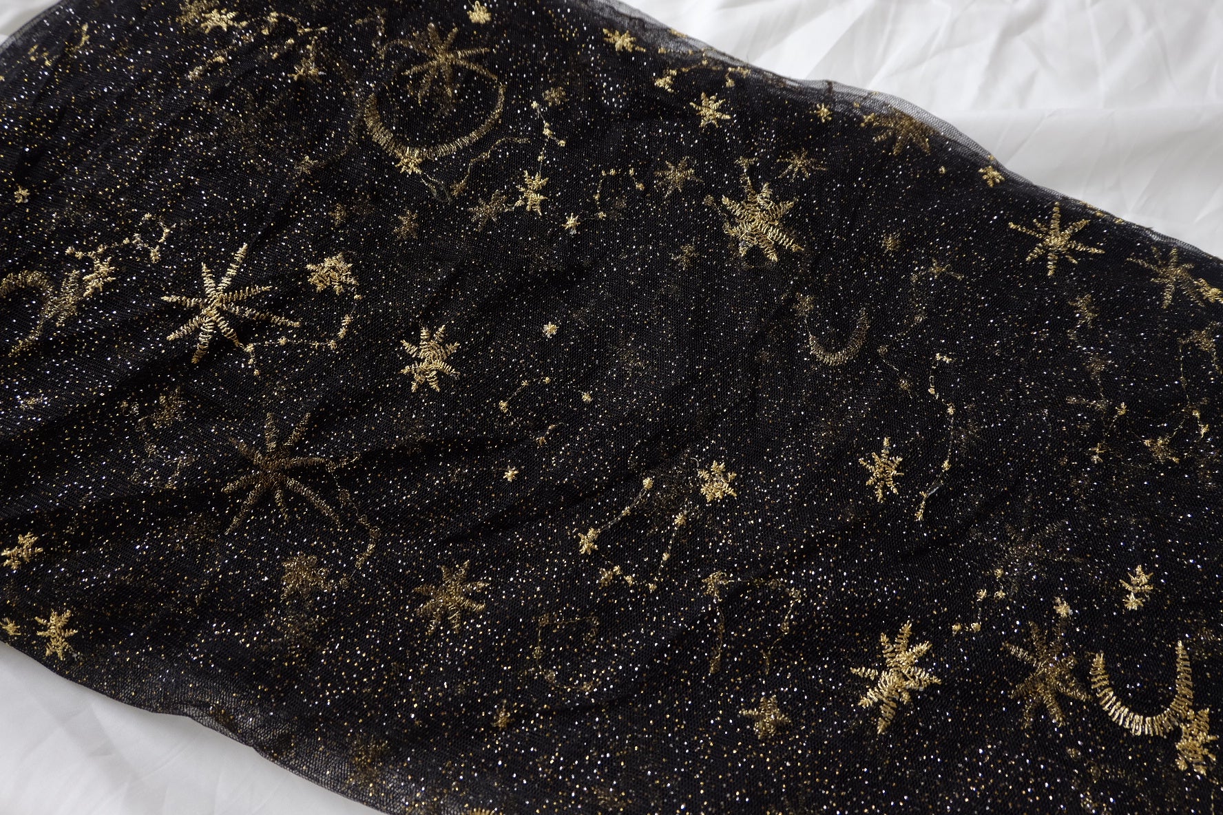 Black Celestial Glitter Lace Tulle Fabric - 4.37 yd