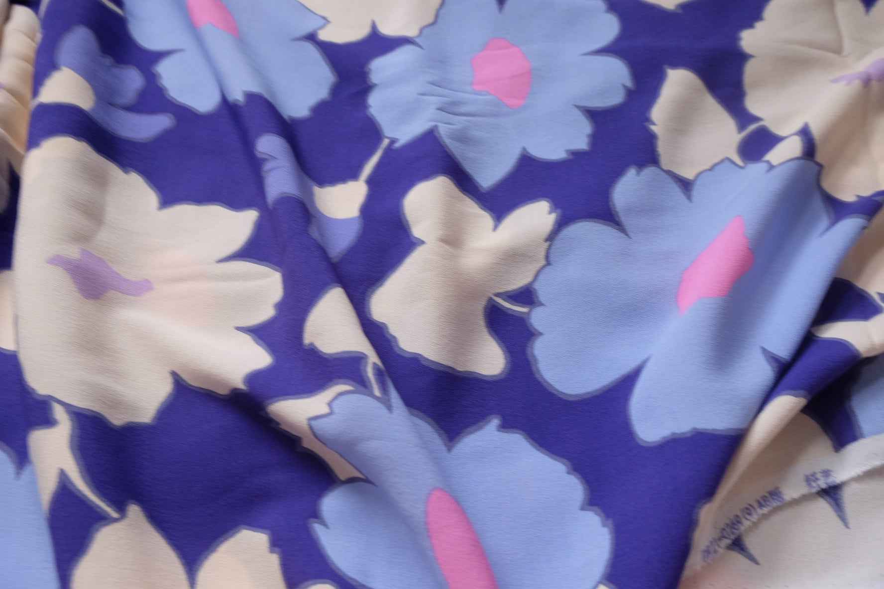 Bold Blue Pink Floral Plant Fiber Dress Fabric, Sold by the yard