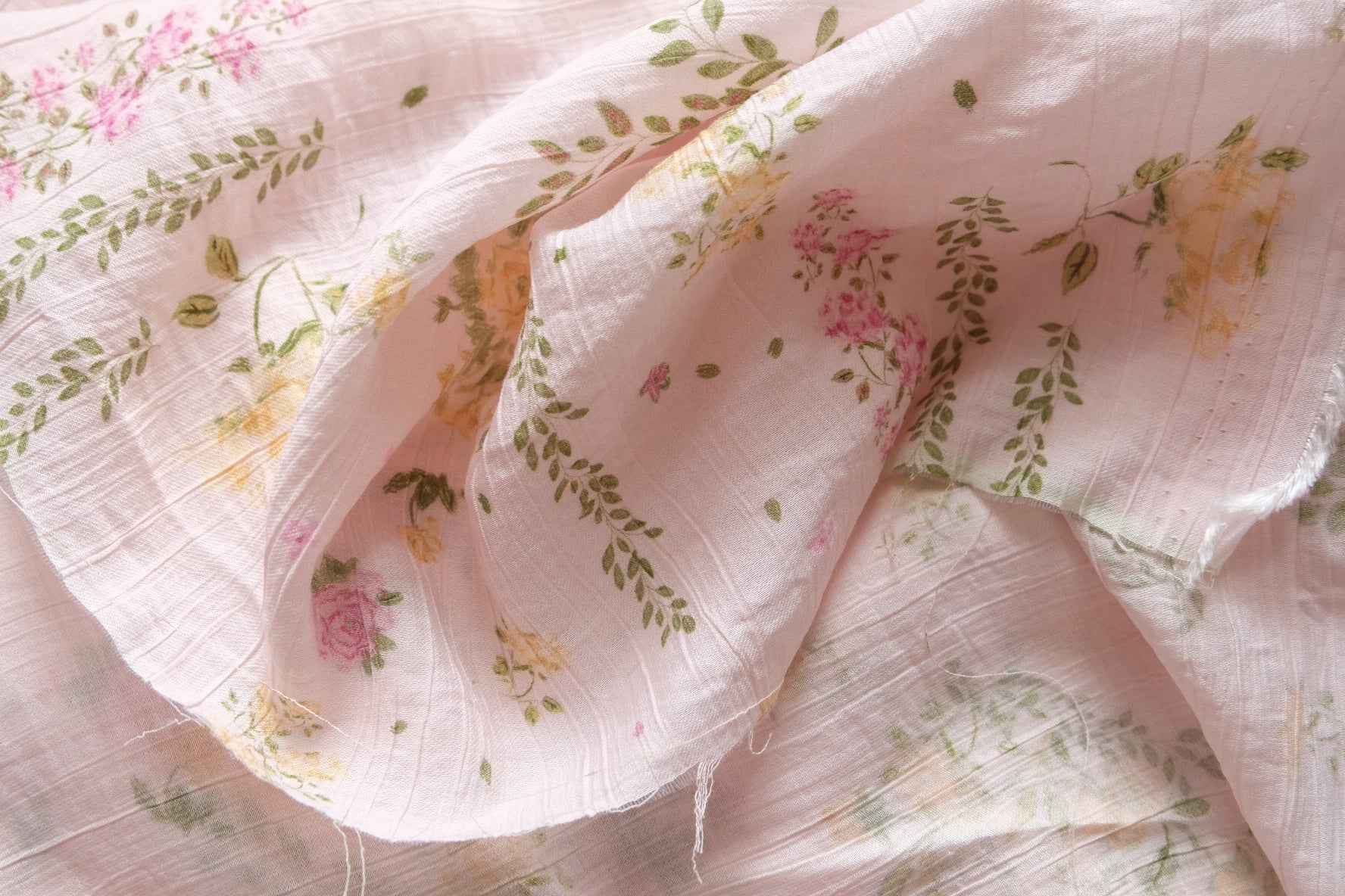 Soft Pink Garden Tencel Cotton Fabric, Airy Floral Summer Weight, 3.28 Yards