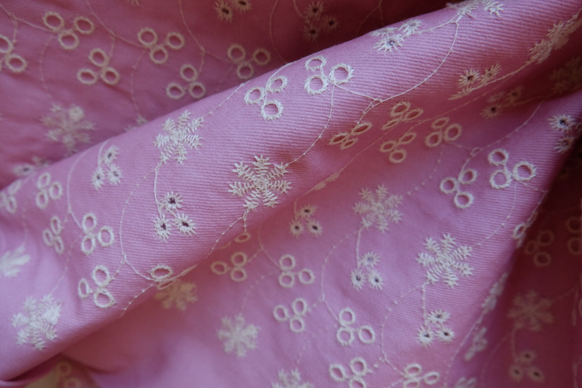 Dusty Rose Floral Embroidered Cotton Denim Fabric – 2.19 yd