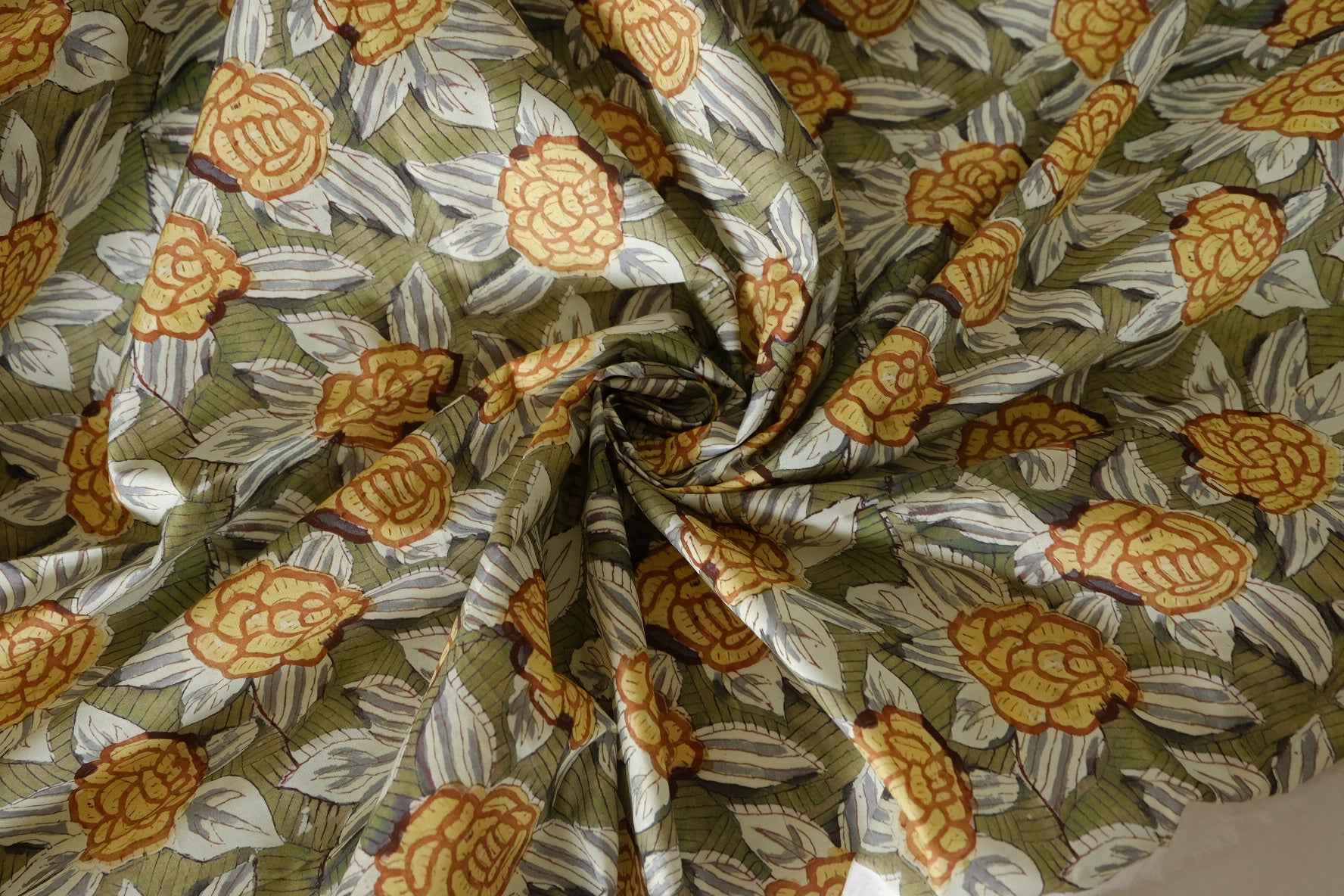 Olive & Mustard Floral Cotton Lawn Fabric – 3.3 yd