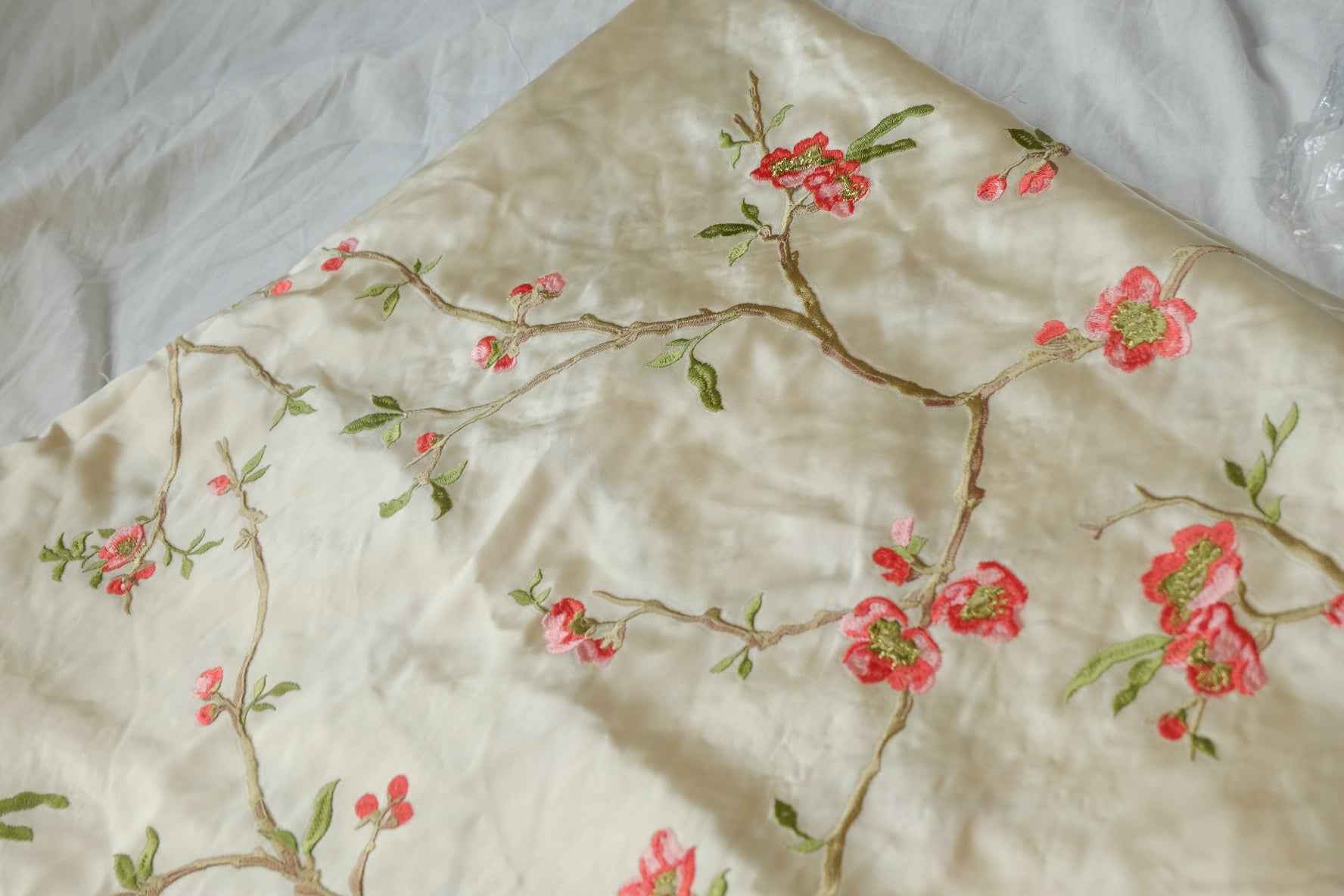 Embroidered Blossom Satin Fabric, Ivory Floral Branches,  2.19 Yards