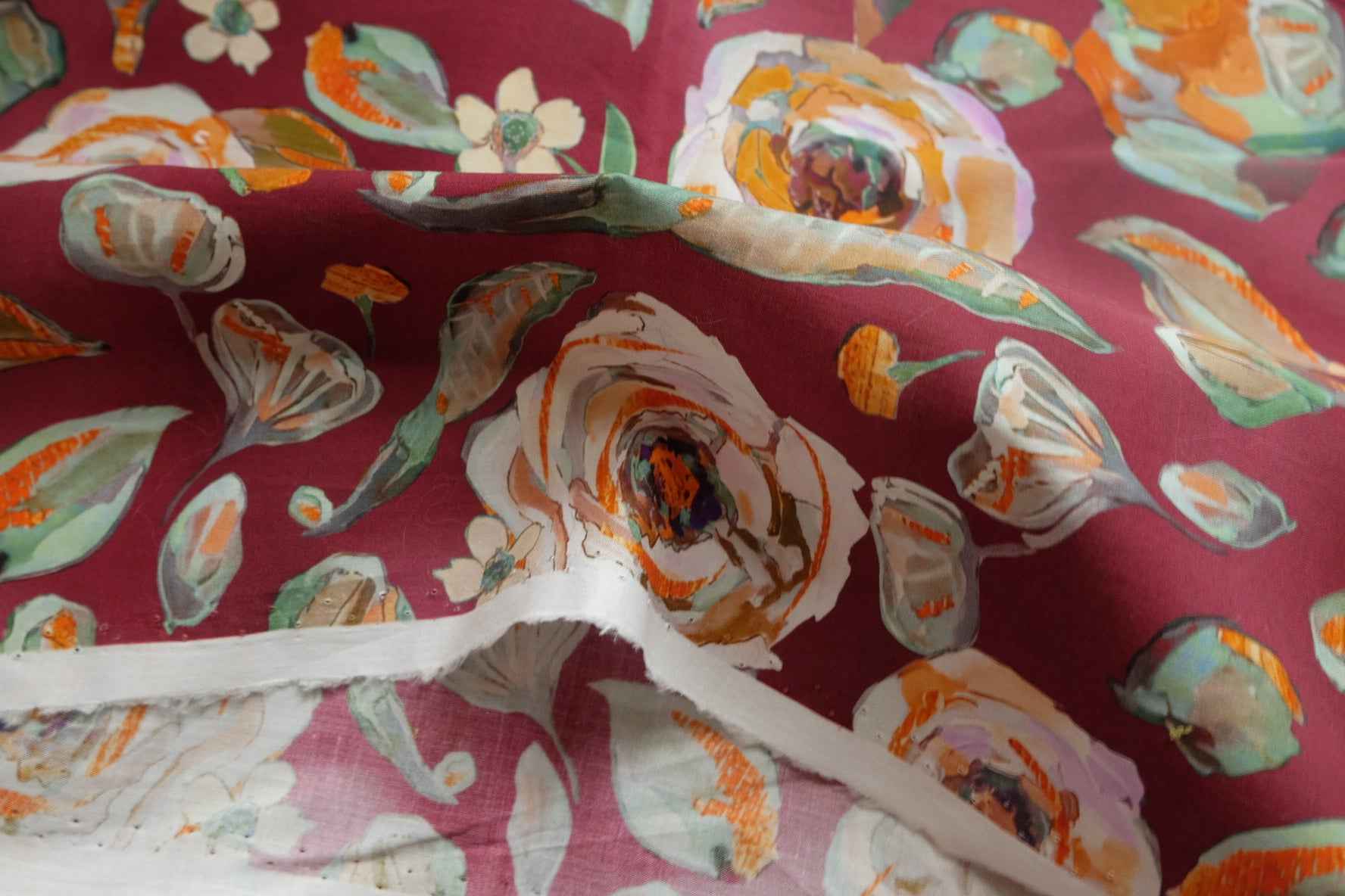 Burgundy Floral Cotton Poplin Fabric, Crisp Dress Weight, 3.28 Yards