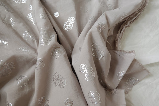Silver Rose Foil Tencel Linen Fabric – Airy Romantic Dress Fabric (3.28 yards)