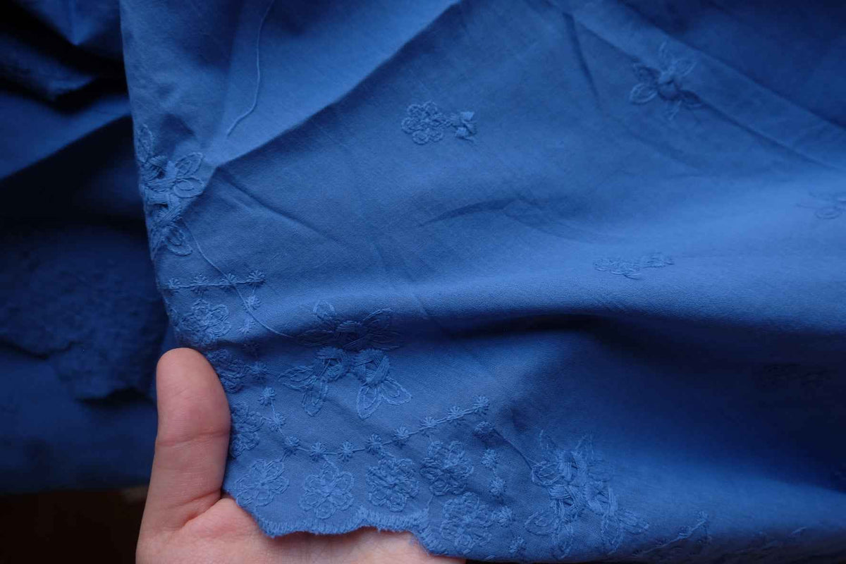 Cobalt Blue Embroidered Cotton Eyelet Fabric with Double Scalloped Borders – 2.19 yd
