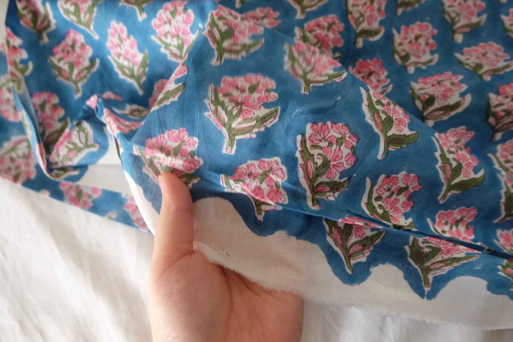 Indian Hand Block Printed Cotton Fabric – Pink Floral Motif on Blue – Sold by the Meter