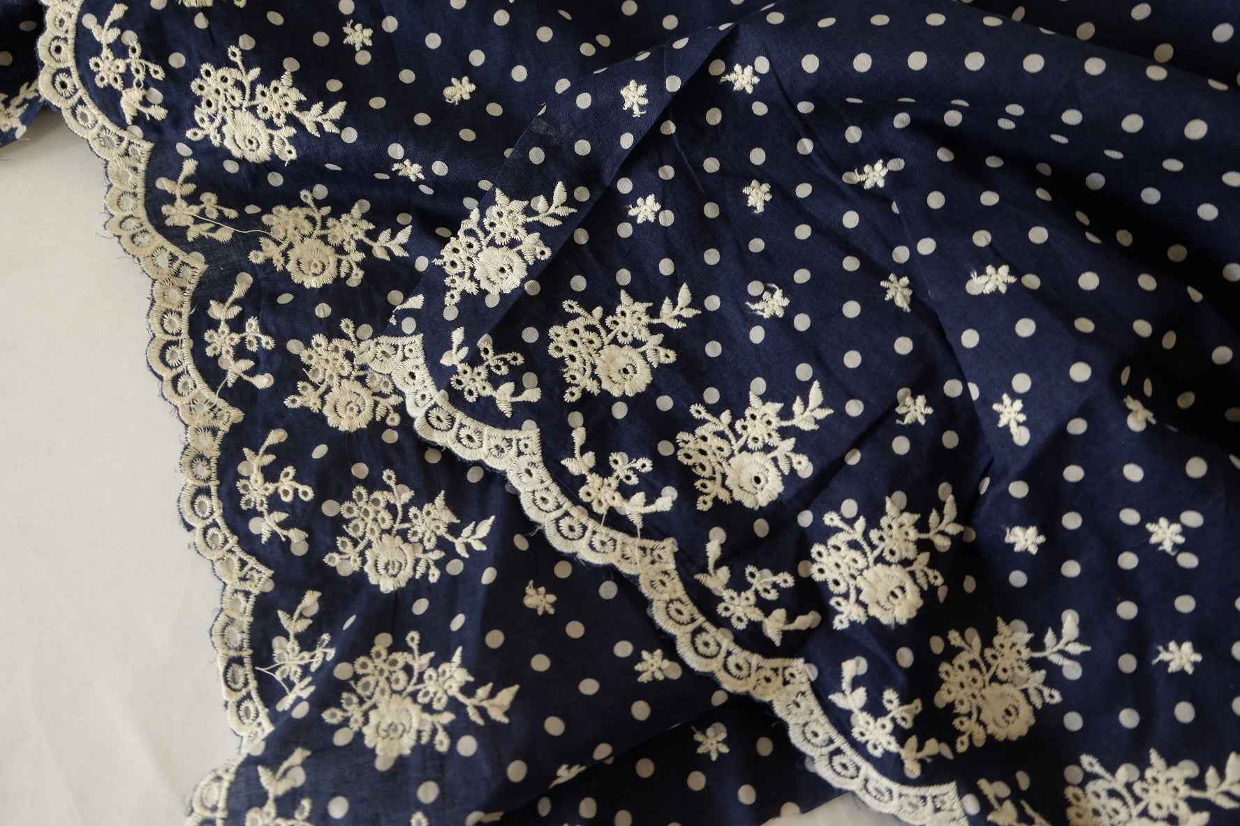 Navy Polka Dot Double Border Embroidered Cotton Poplin-2.2 yds