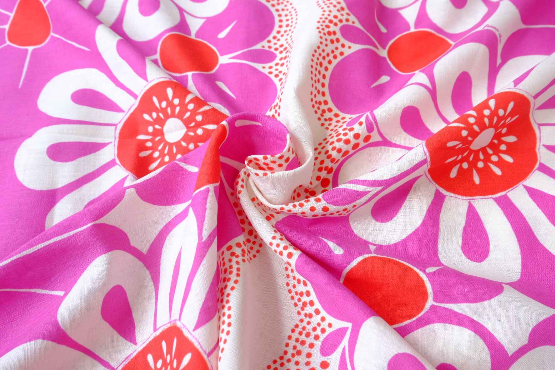 Farm Rio Deadstock Placement Floral Cotton Linen Fabric, Pink and Orange Border Print, 1.64 Yards