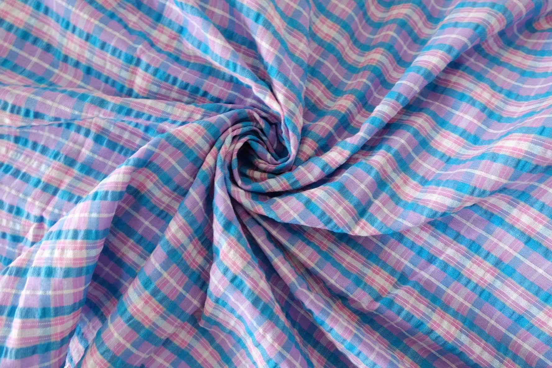 Textured Cotton Blend Plaid Fabric – Pastel Blue & Pink Check – 2.2 yd