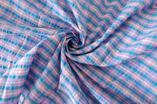 Textured Cotton Blend Plaid Fabric – Pastel Blue & Pink Check – 2.2 yd