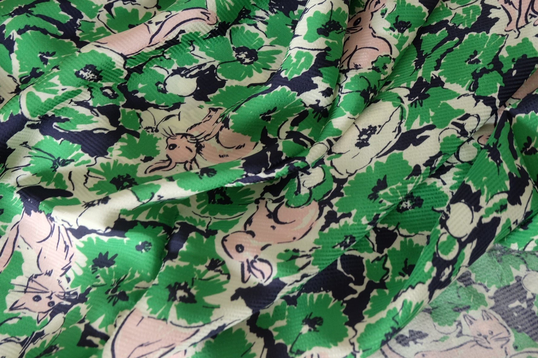 Green Rabbit & Floral Textured Cupro Fabric – 1.64 yd