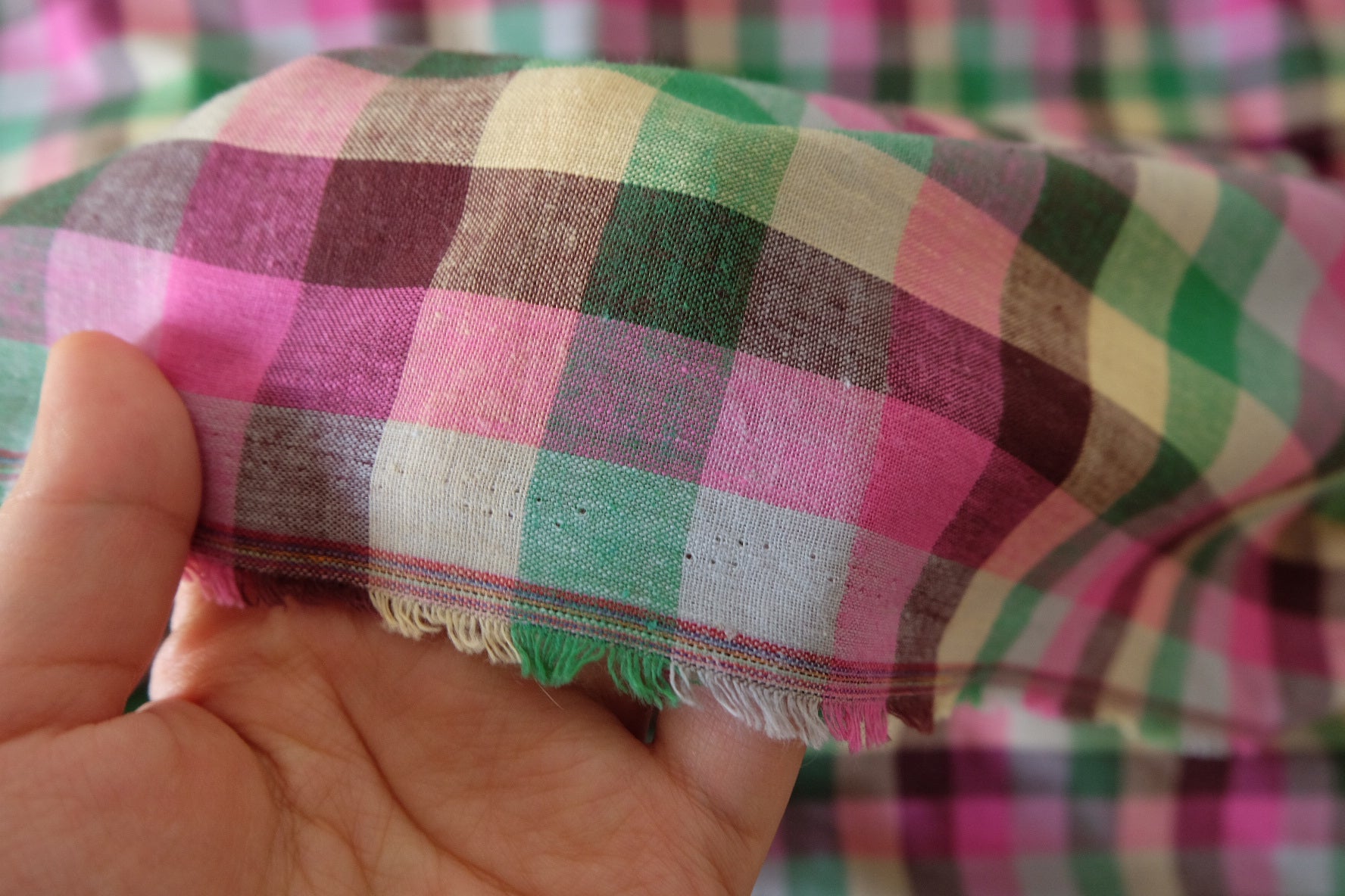 Pink Green Yarn-Dyed Cotton Plaid Fabric – 2.2 yd