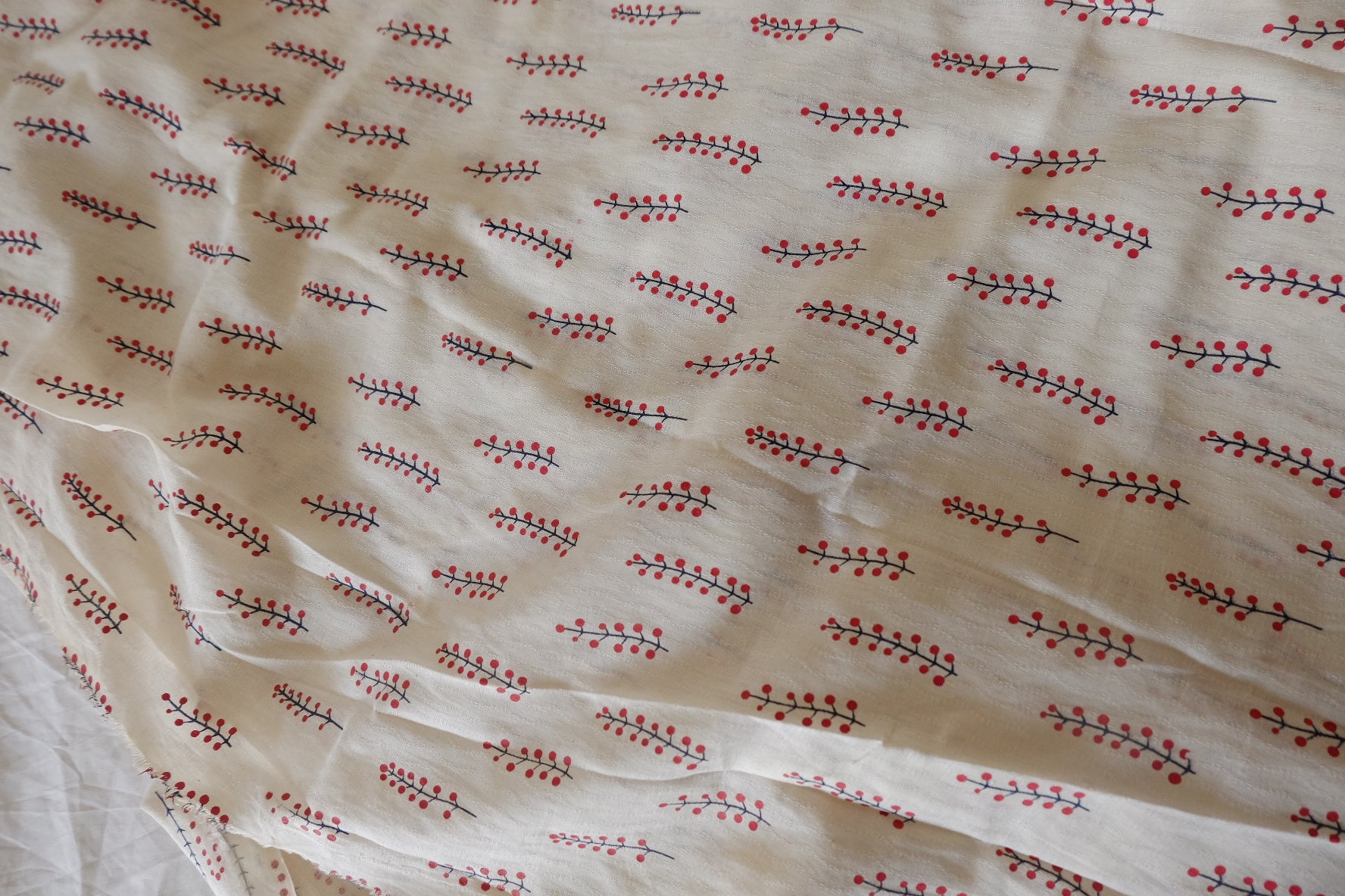 Red Berry Sprigs Lightweight Cotton Linen Fabric — Imperfect, 3.28 Yards