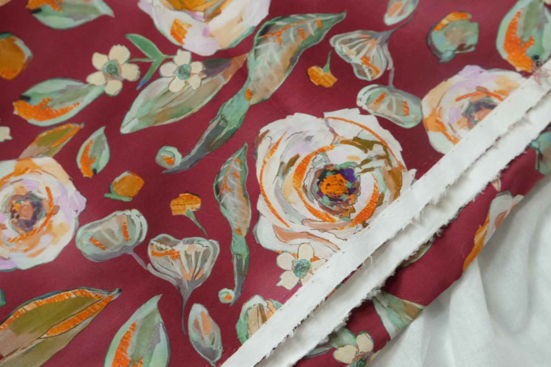 Burgundy Floral Cotton Poplin Fabric, Crisp Dress Weight, 3.28 Yards