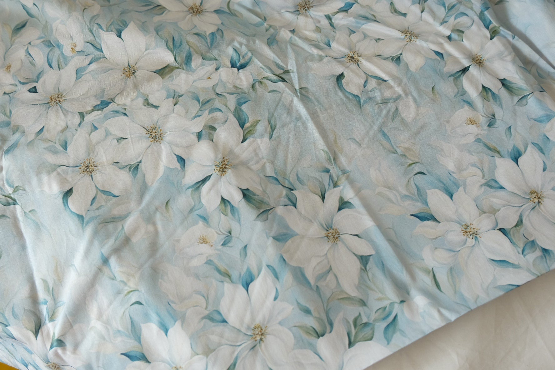 White Magnolia Floral Cotton Poplin Fabric – Soft Blue – 3.3 yd