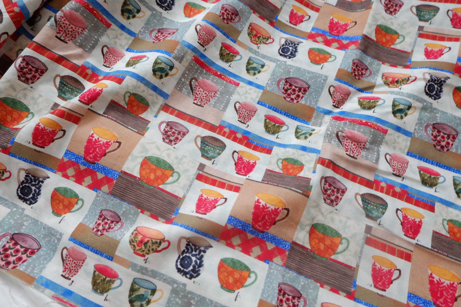 Teacup Collage Cotton Linen Fabric - 1.64 yd