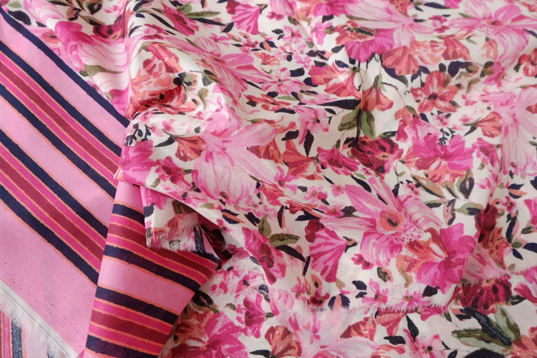 Border Floral Cotton Fabric, Double Border Dress Fabric in Pink, 3.28 Yards