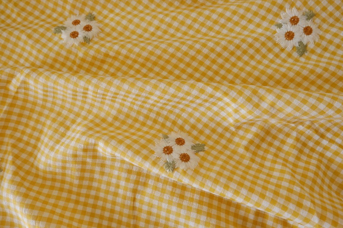 Sunny Daisy – Embroidered Yellow Gingham Cotton Blend | 2.2 yards