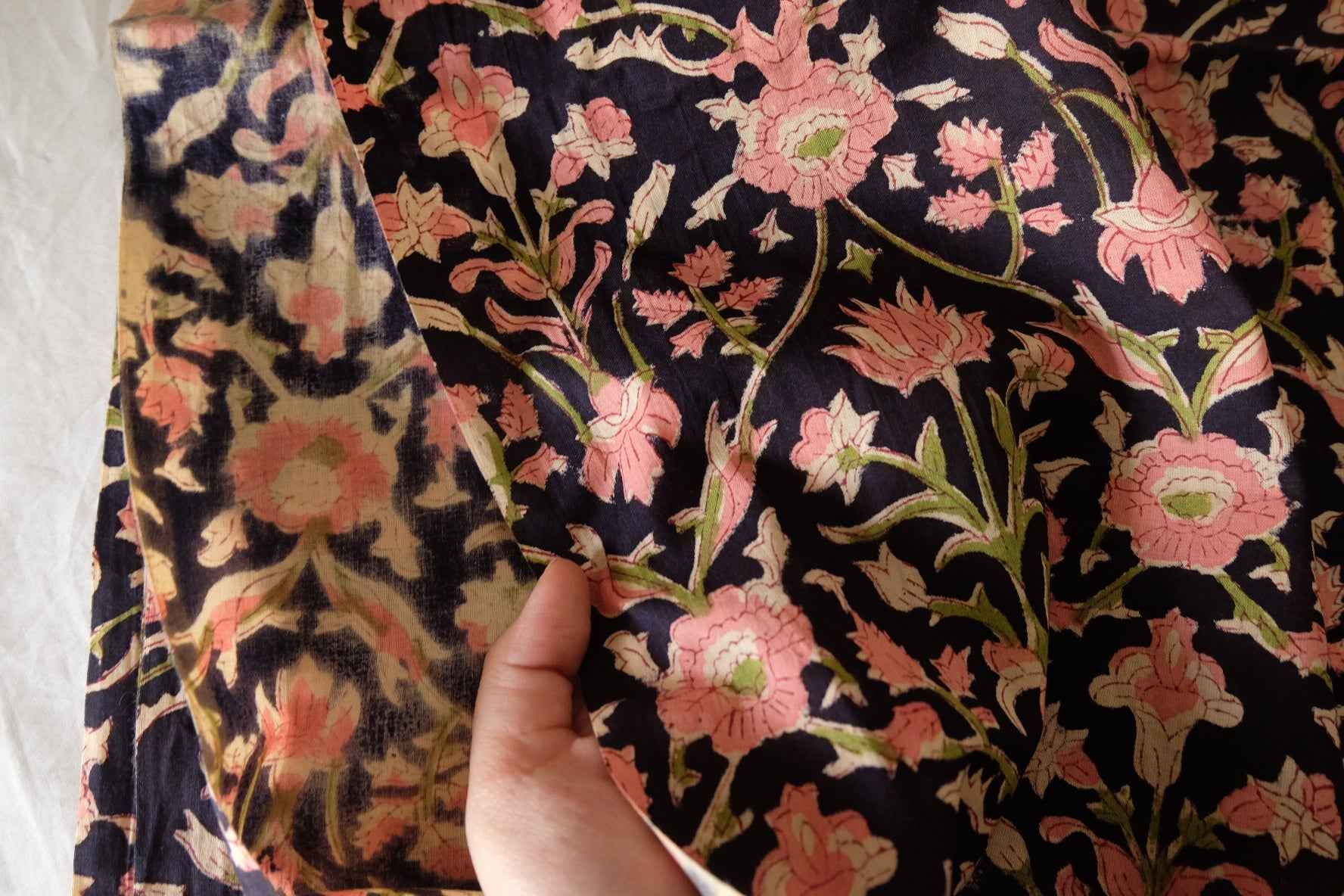 Indian Hand Block Printed Cotton Fabric – Pink Floral Vine on Deep Navy – Sold by the Meter