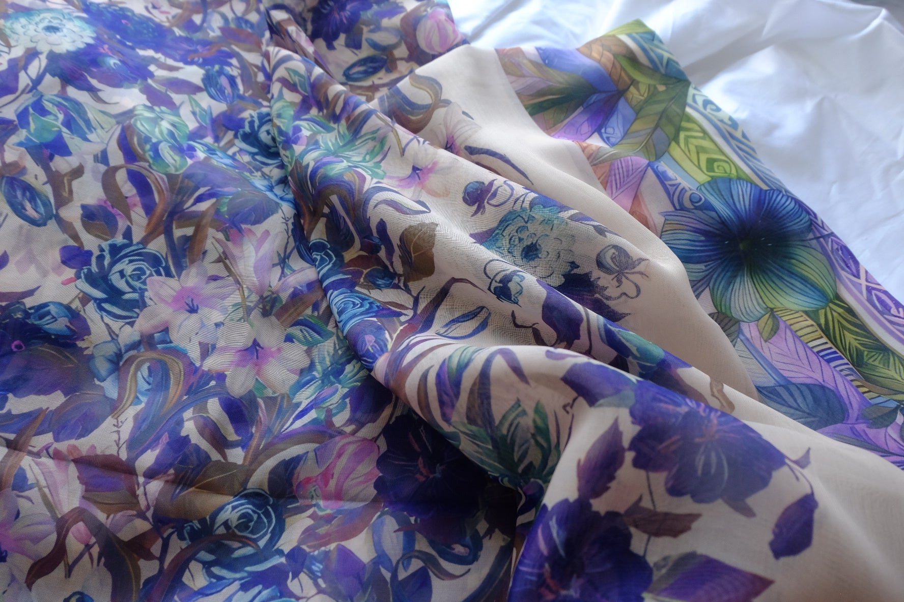 Japanese Blue Floral Border Voile Fabric - 2.19 yd