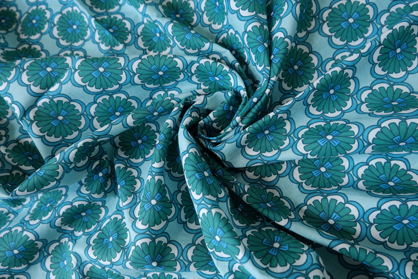 Teal Indian Floral Papery Cotton Poplin Fabric - 2.19 yd