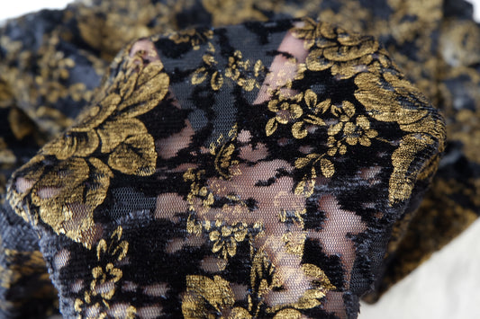 Black and Gold Burnout Velvet Lace with Stretch 1.9 Yards