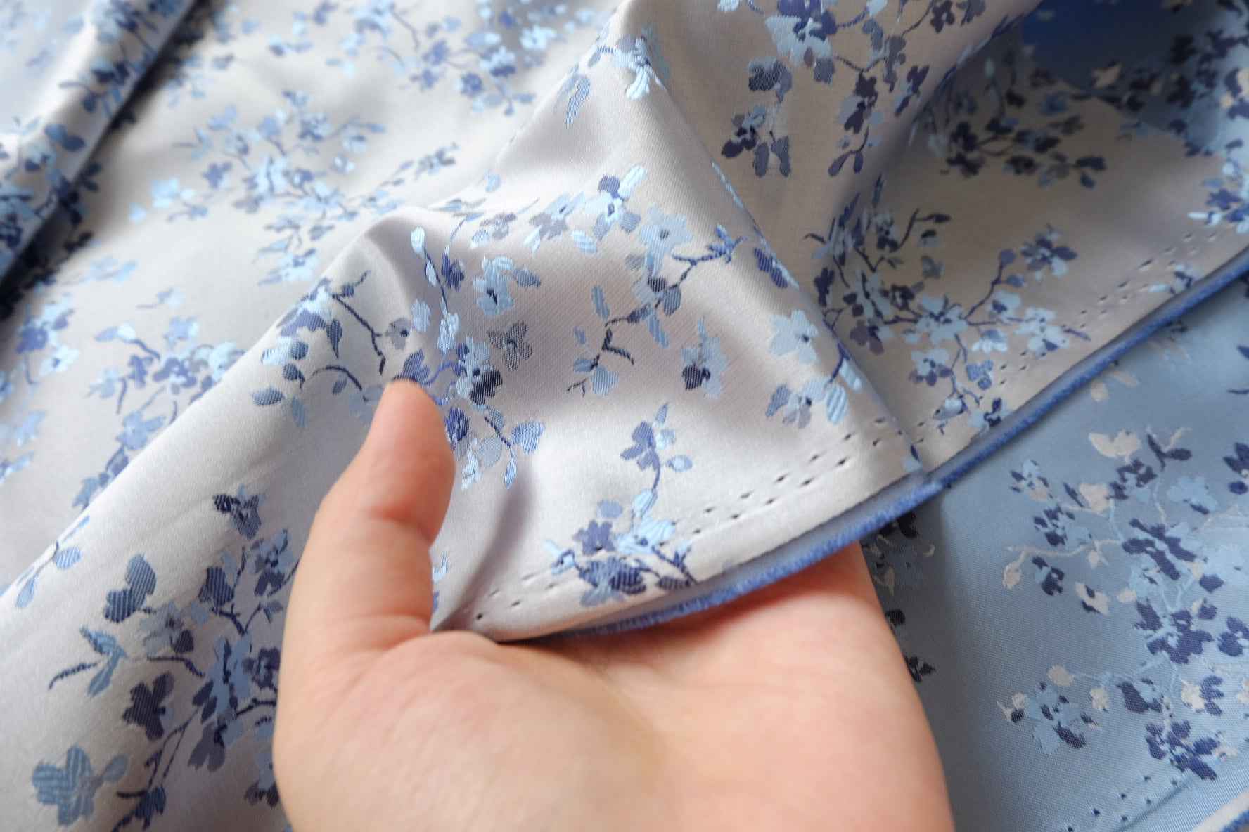 Reversible Blue Floral Brocade Satin Fabric, Soft Dress Weight, 2.19 Yards