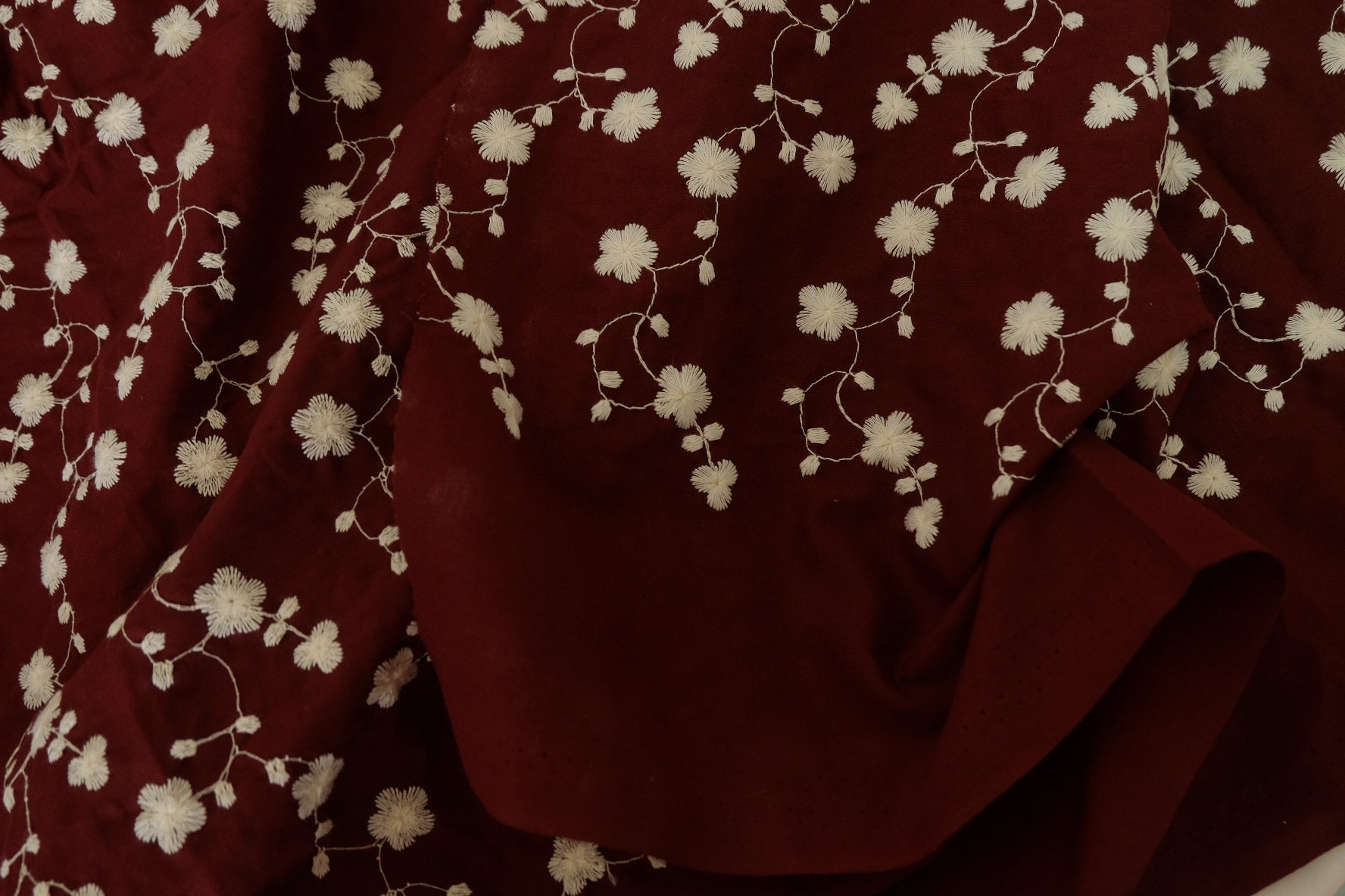 Burgundy Floral Embroidered Cotton Fabric – 2.2 yd