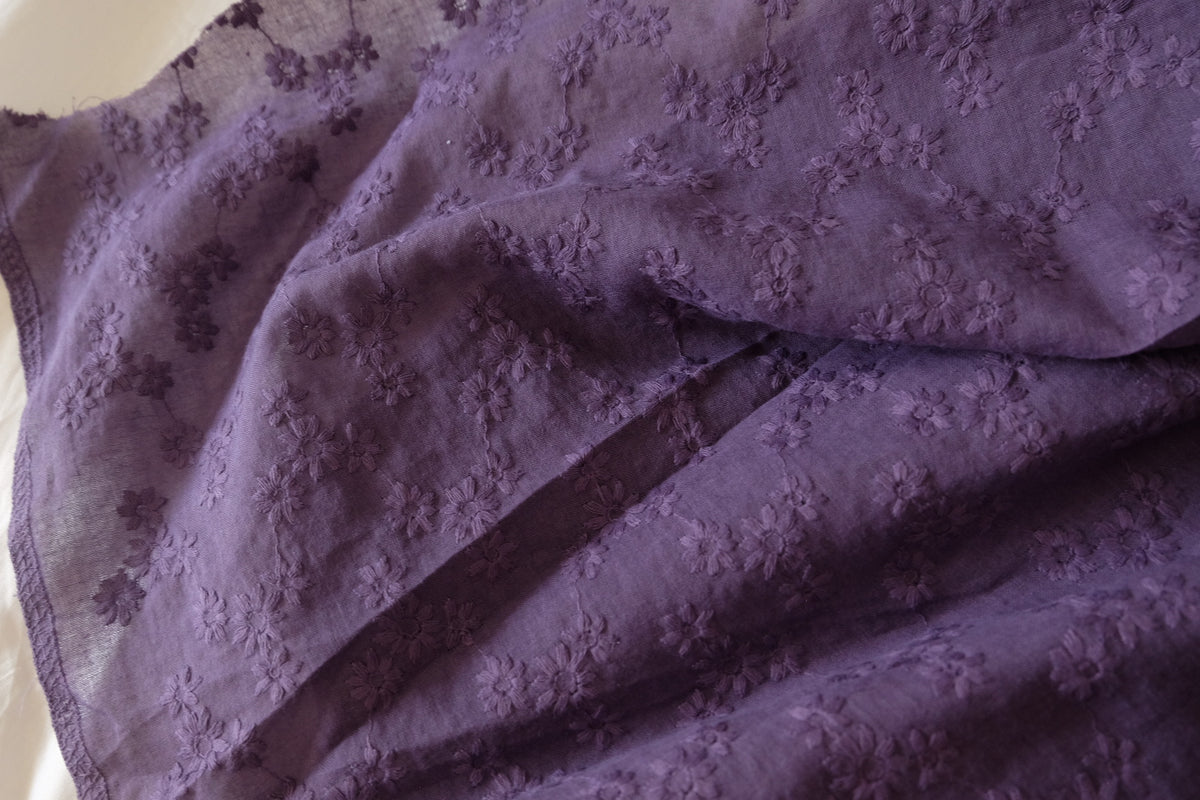 Dusky Violet Daisy – Embroidered Cotton Fabric – 2.2 yd