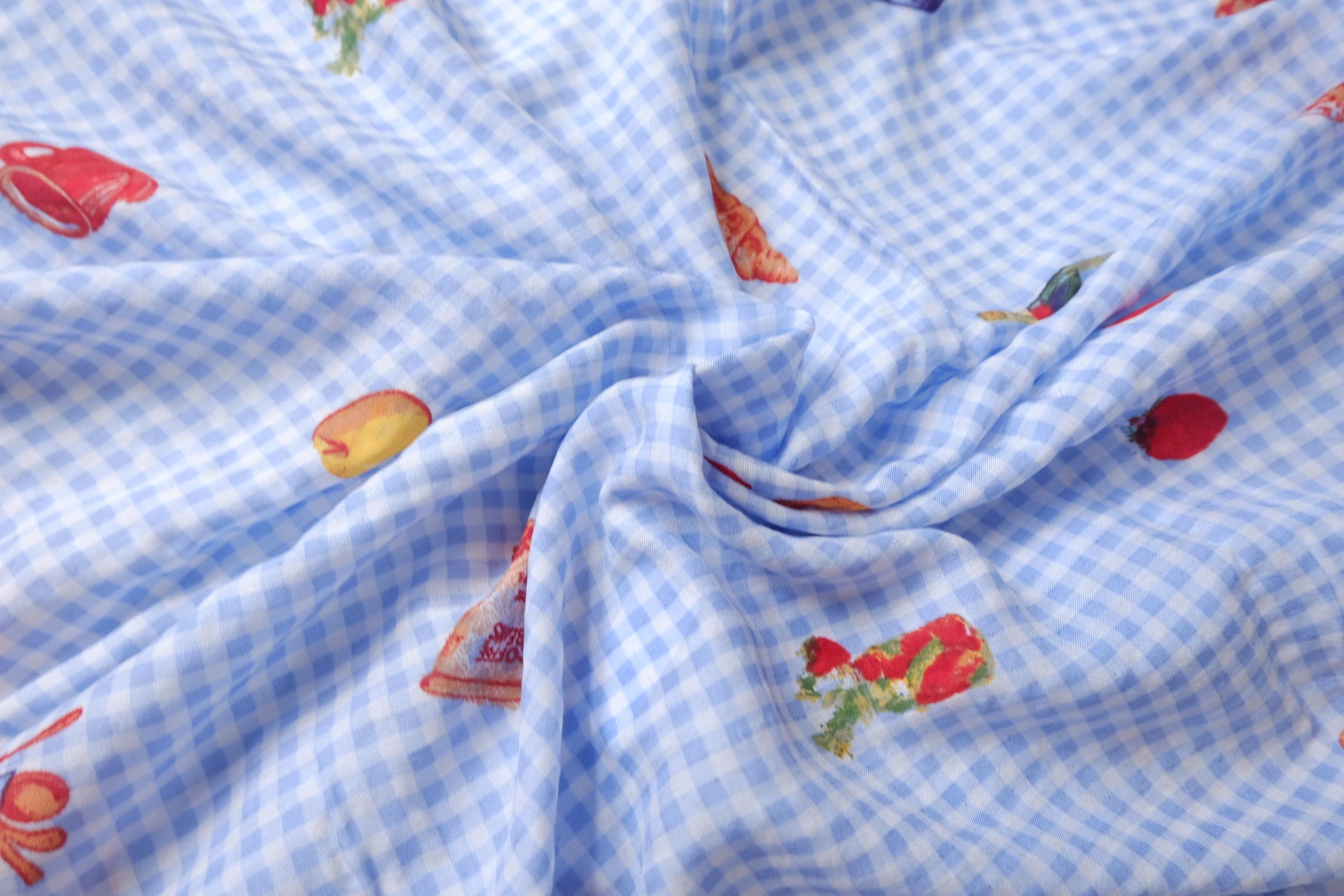 Blue Gingham Picnic Print Lightweight Cotton Fabric — 2.19 yd