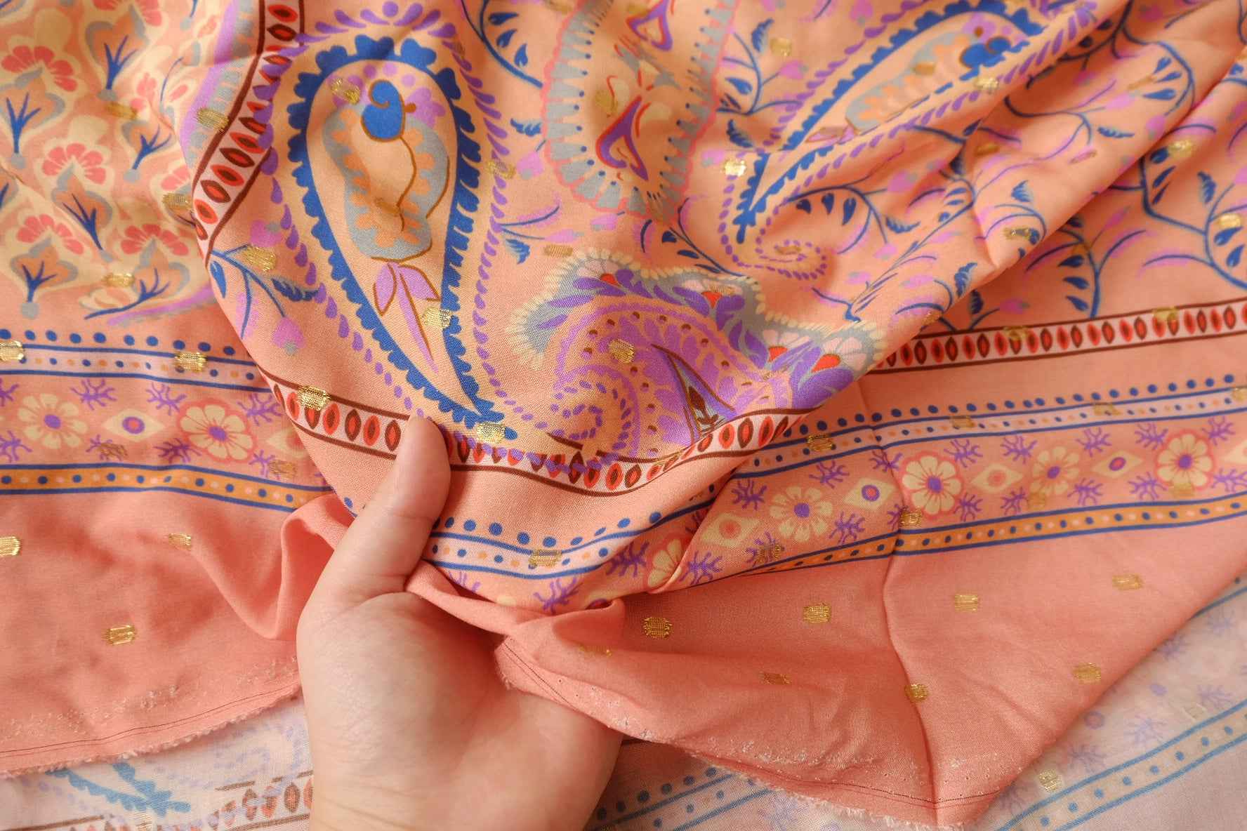 Metallic-Dotted Rayon Paisley Floral Panel Fabric - 1.75 yd