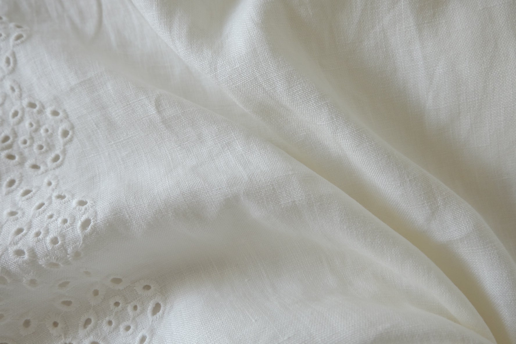 Ivory Eyelet Border Pure Linen Fabric, 2.19 Yards