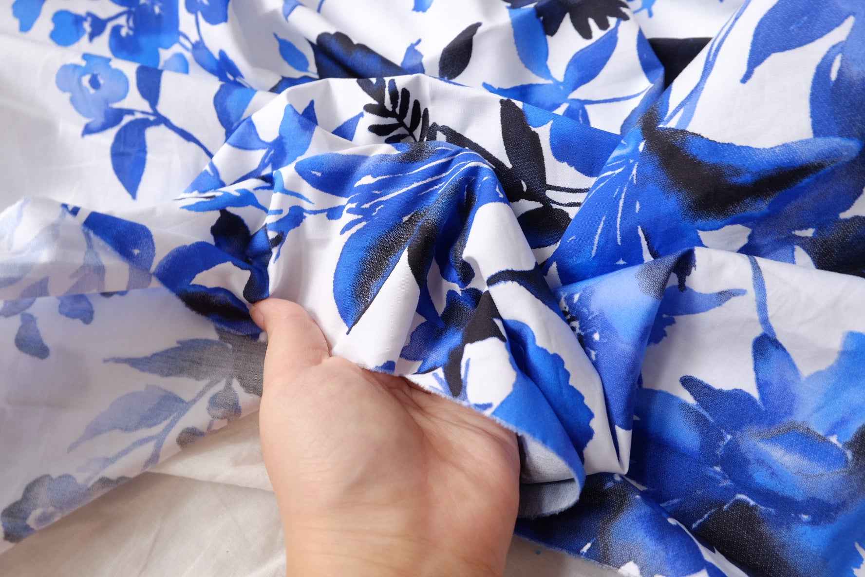 Ink Blue Floral Cotton Poplin Fabric, Border Placement Print, 2.19 Yards