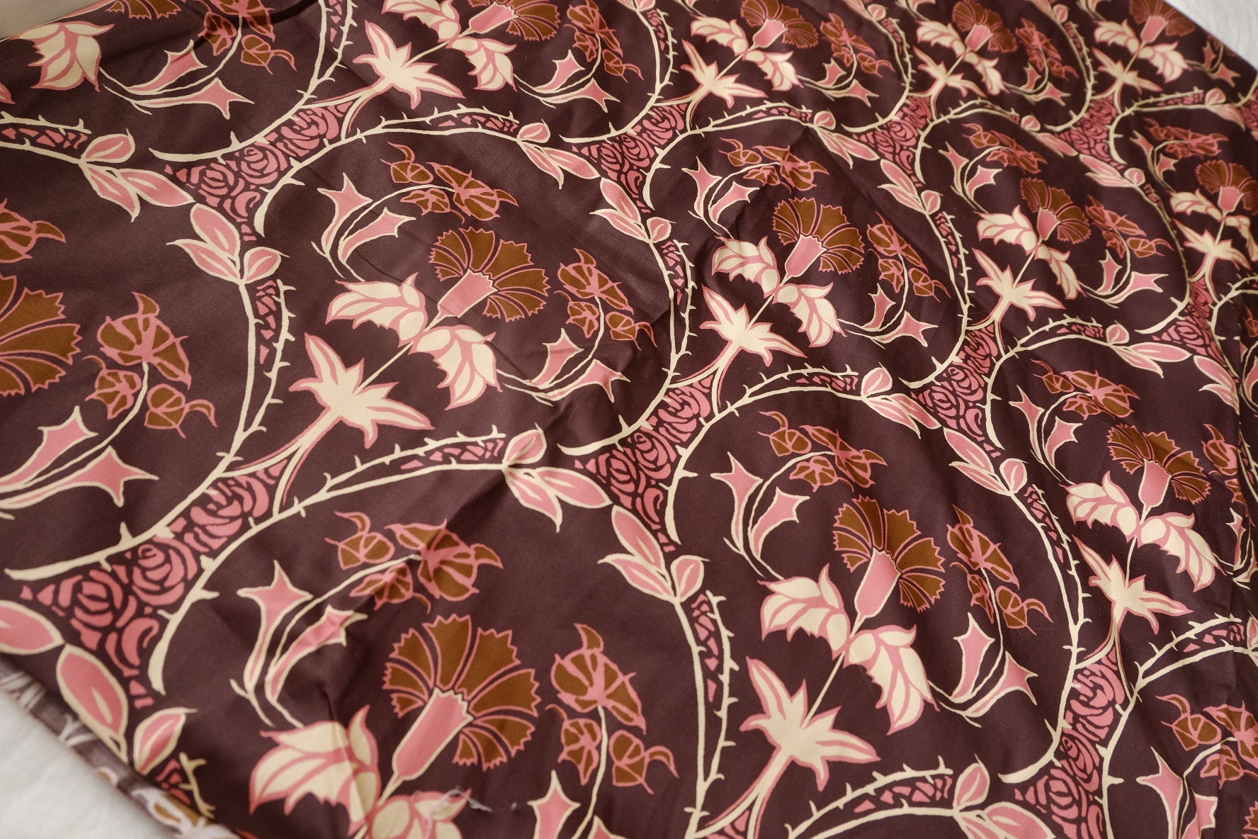 Brown Pink Floral Stretch Cotton Sateen Fabric - 1.64 yd