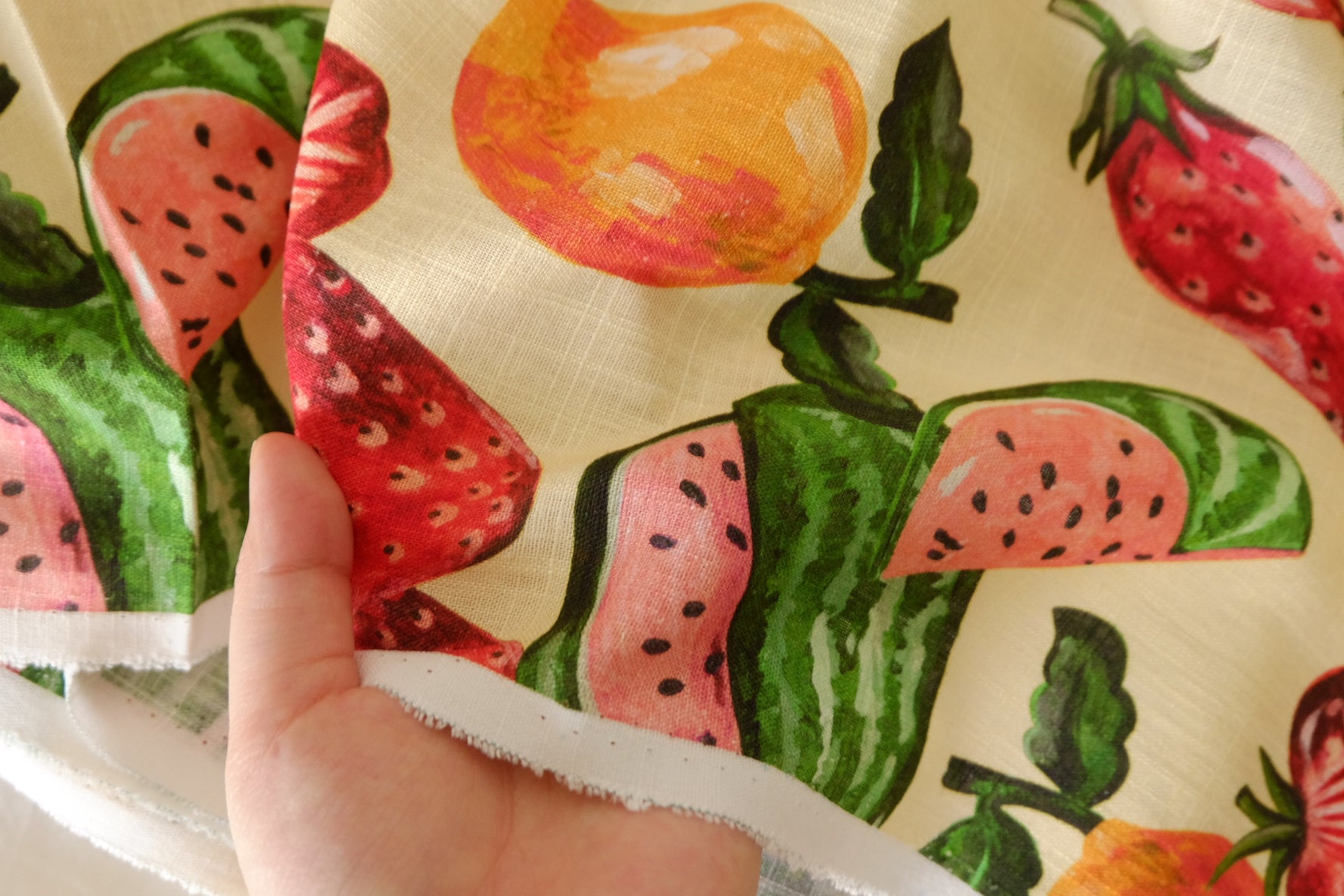 Linen Cotton Blend Fabric – Colorful Summer Fruit Print – 2.2 yd