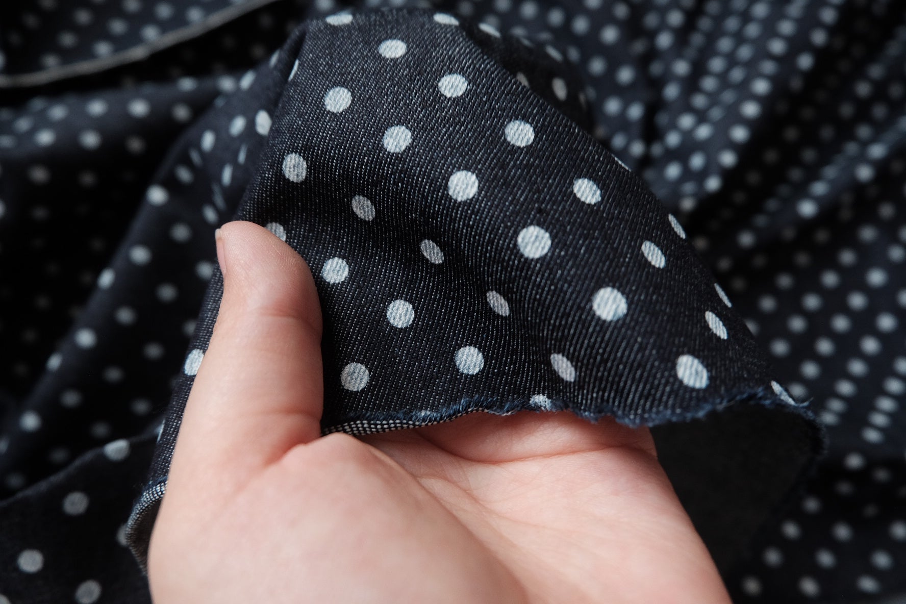 Navy Polka Dot Cotton Denim, Extra Wide Width, 1.64 Yards