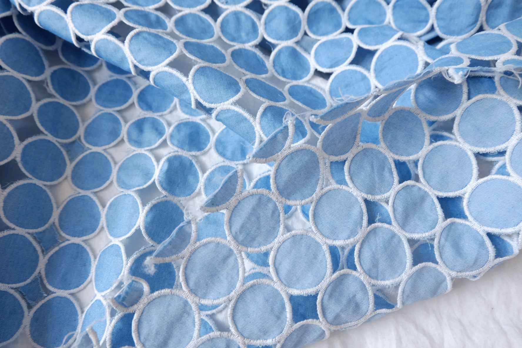 Blue Circle Eyelet Embroidered Denim Fabric - 1.75 yd