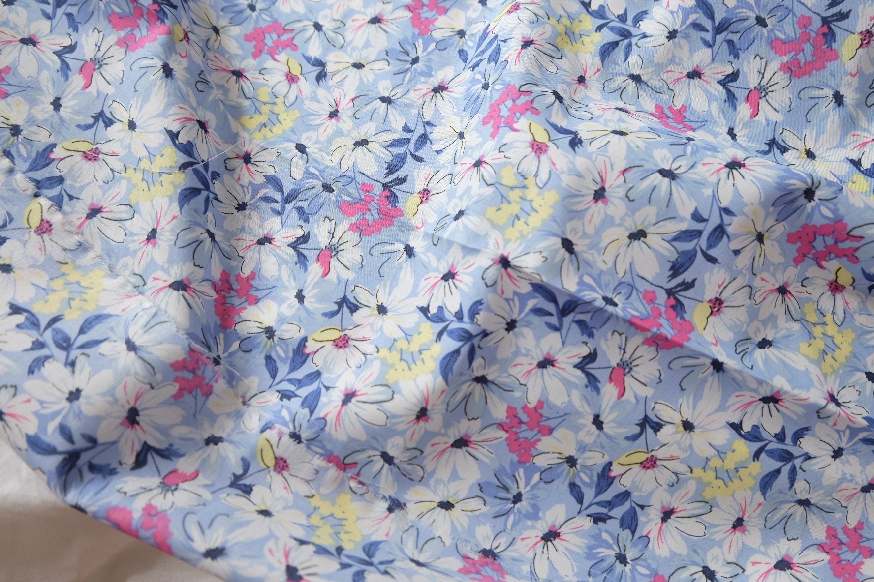 Blue Summer Daisy Cotton Poplin Fabric — 2.19 yd