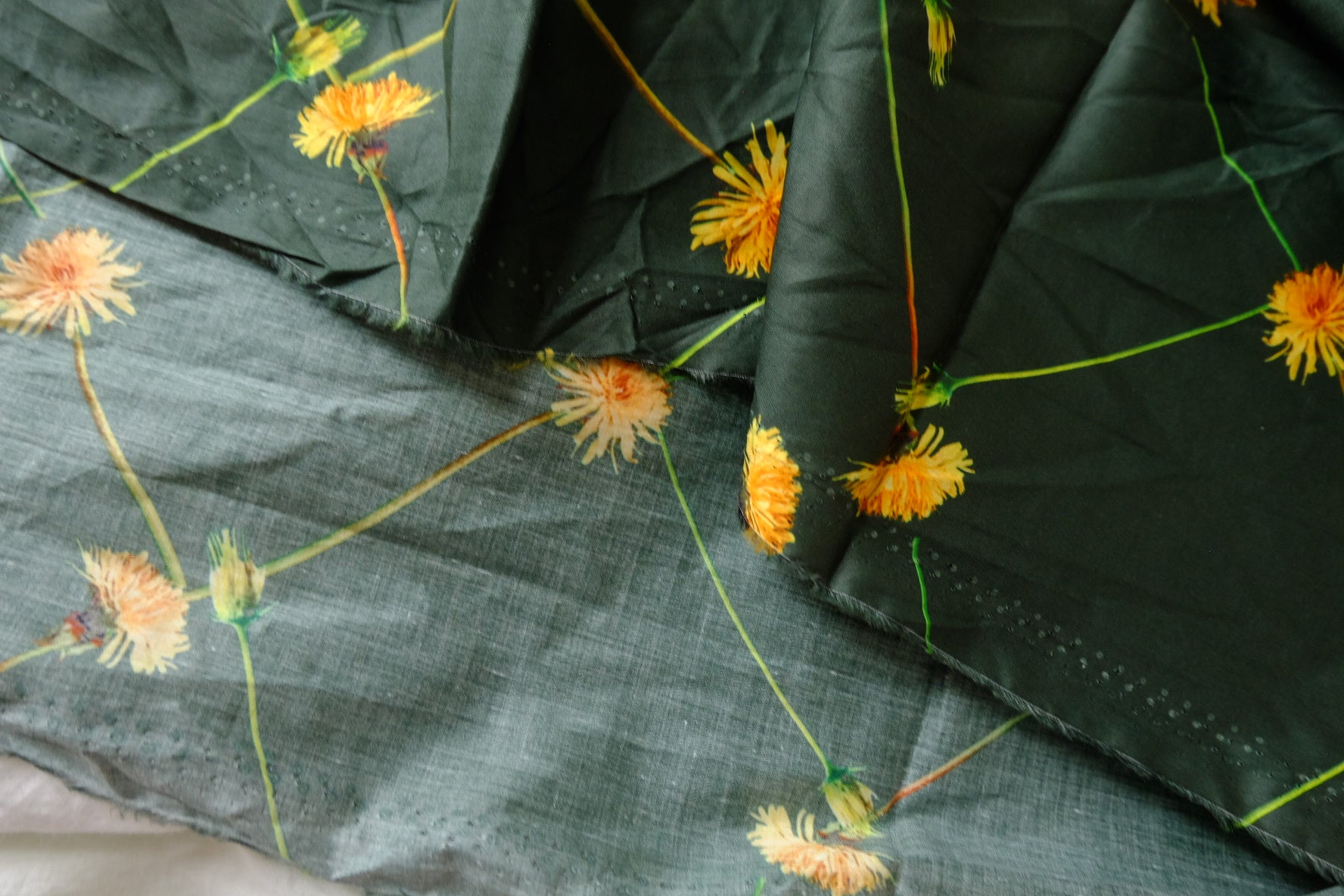 Dark Green Dandelion Cotton Lawn Fabric - 1.64 yd