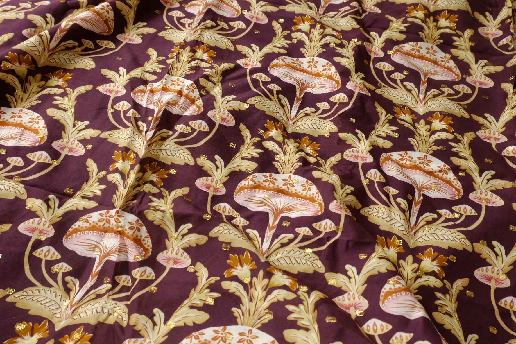 Whimsical Mushroom Botanical Dress Fabric with Gold Woven Detail, Soft Drapey Dress Weight, 3.28 Yards