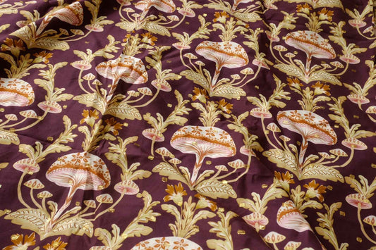 Whimsical Mushroom Botanical Dress Fabric with Gold Woven Detail, Soft Drapey Dress Weight, 3.28 Yards