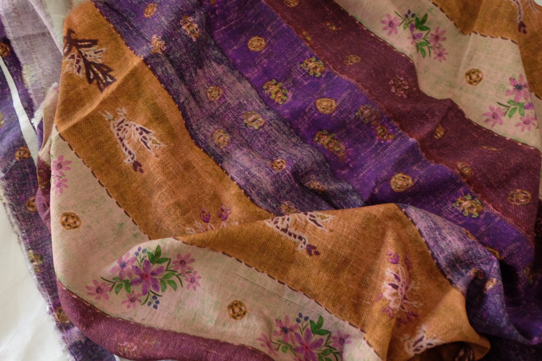 Purple & Brown Floral Stripe Rayon Linen Blend Fabric – 1.9 yd