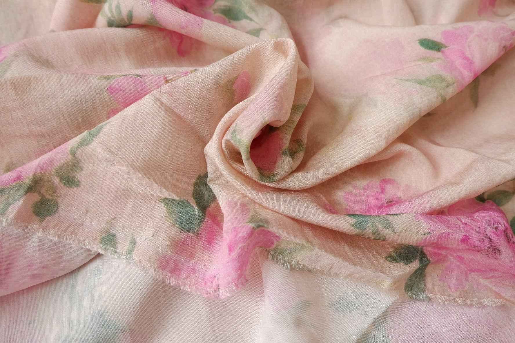 Tencel Linen Floral Fabric, Soft Pink Rose Print, 3.28 Yards